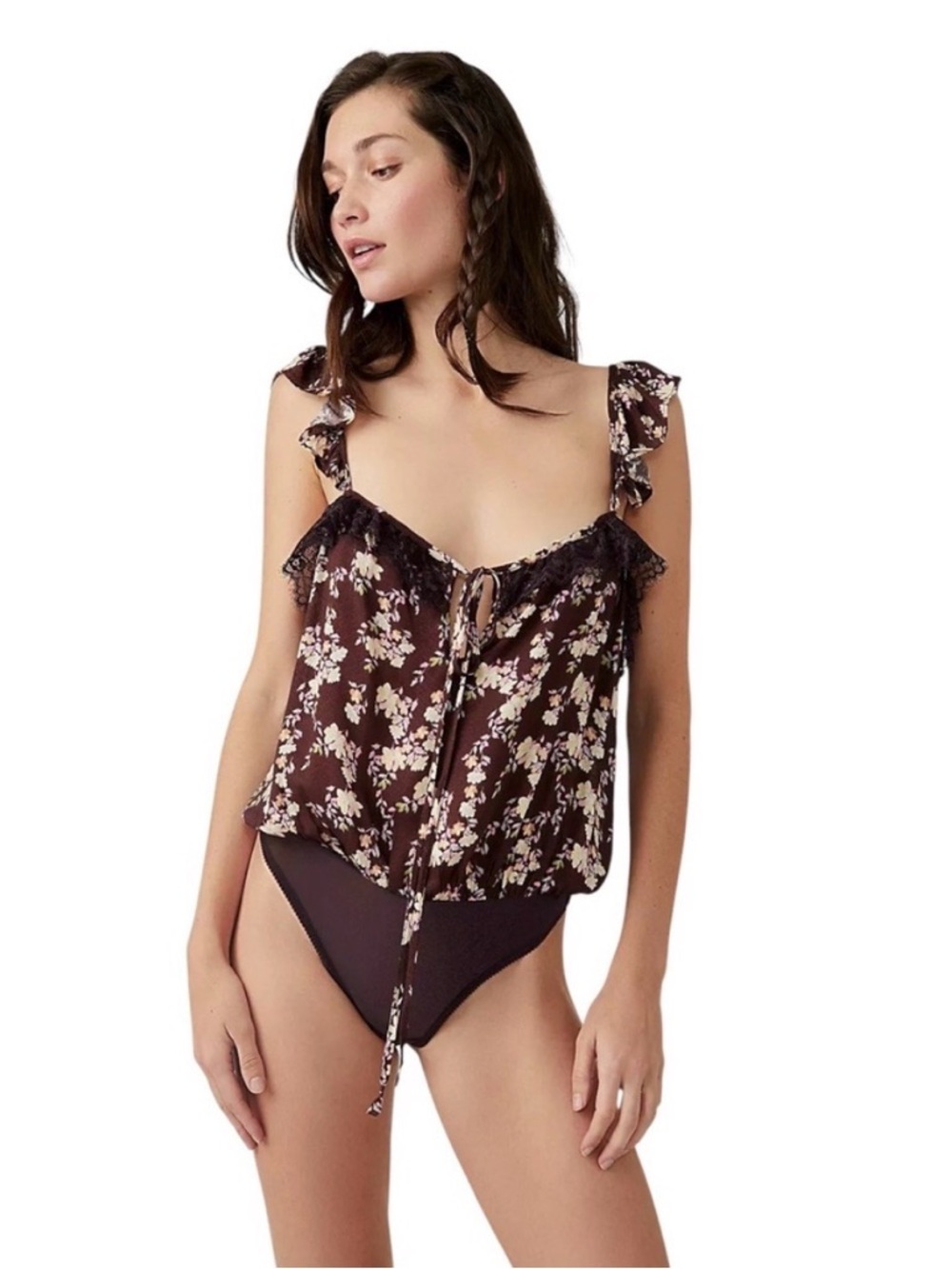 Free People Intimately Brown Pink Floral Bodysuit Ruffle Boho Cottagecore M